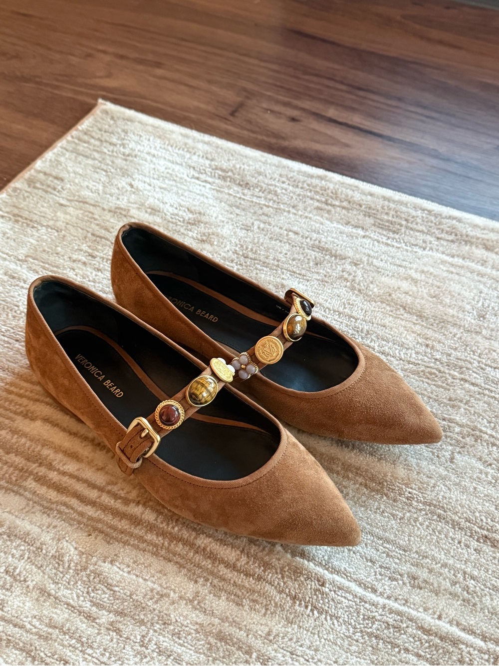 Veronica Beard Chestnut Suede Pointed-Toe Jeweled Mary Janes